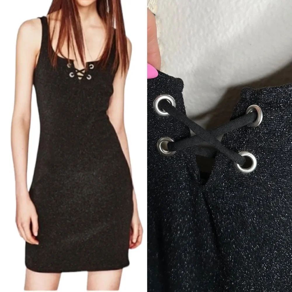 Zara Black Shimmery Lace-Up Mini Dress Medium